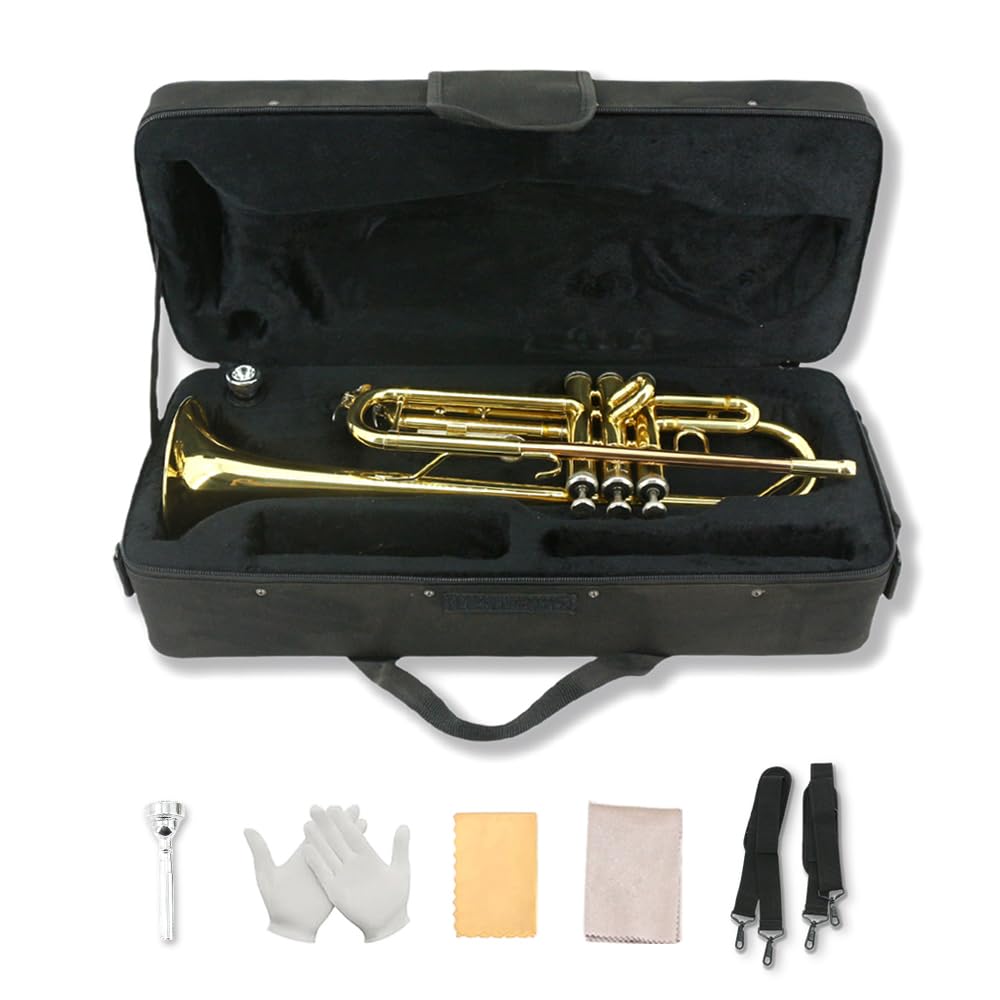 Standard Trumpet Set with Carrying Hard Case, 7C Mouthpiece, Cleaning Cloth and Gloves V525