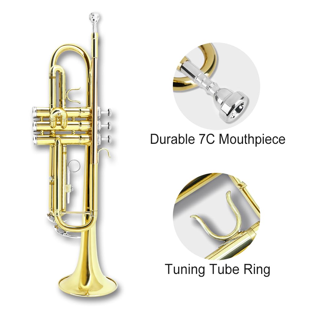 Standard Trumpet Set with Carrying Hard Case, 7C Mouthpiece, Cleaning Cloth and Gloves V525