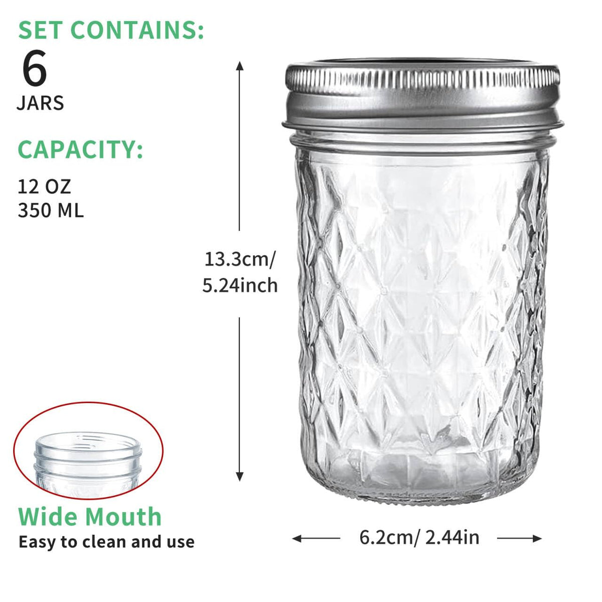 12oz Glass Mason Jars 6 Pack Airtight Lids T117