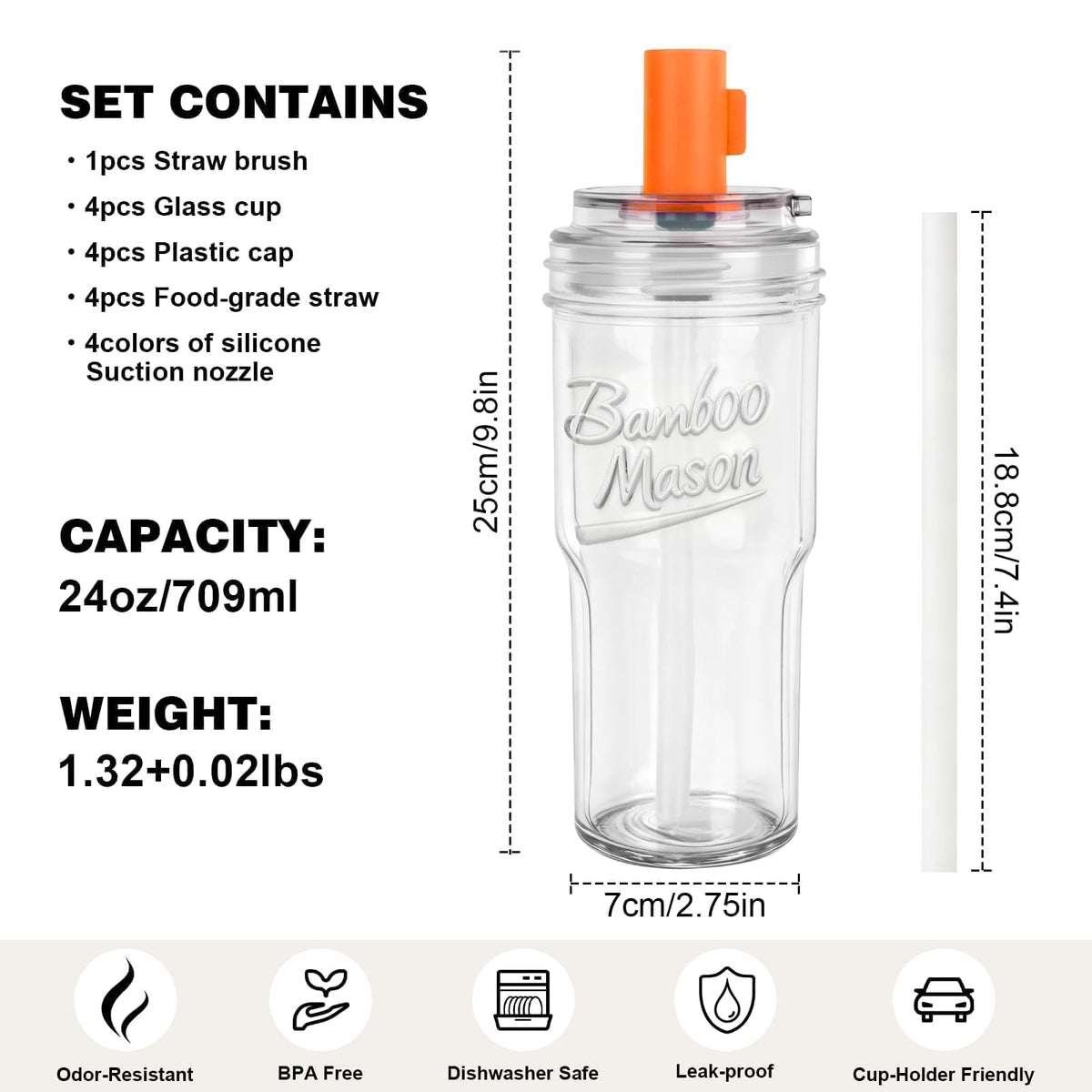 Glass Cups with Lids and Straws 24oz Y112