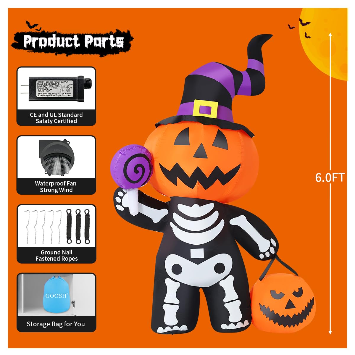 6 FT Inflatable Pumpkin Skull Outdoor Decoration with Built-in LEDs Z336