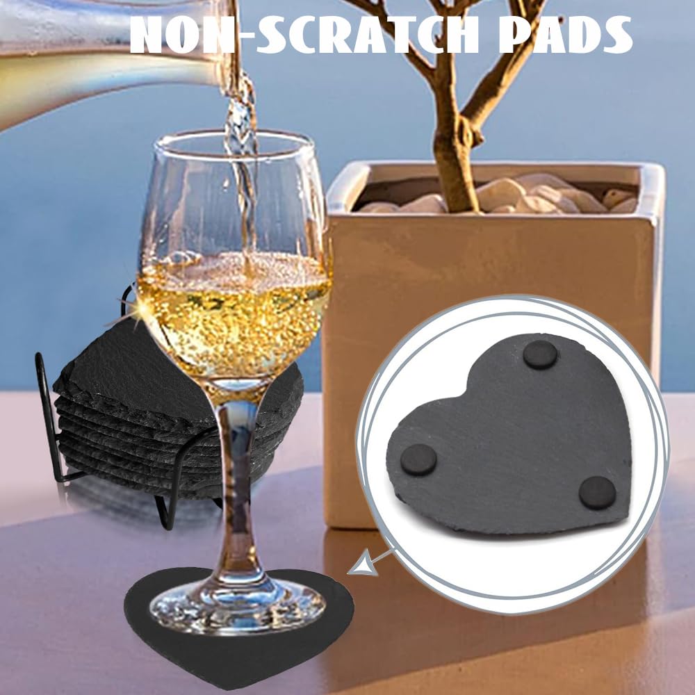 8 Pack Black Slate Coasters with Metal Holder Q876805