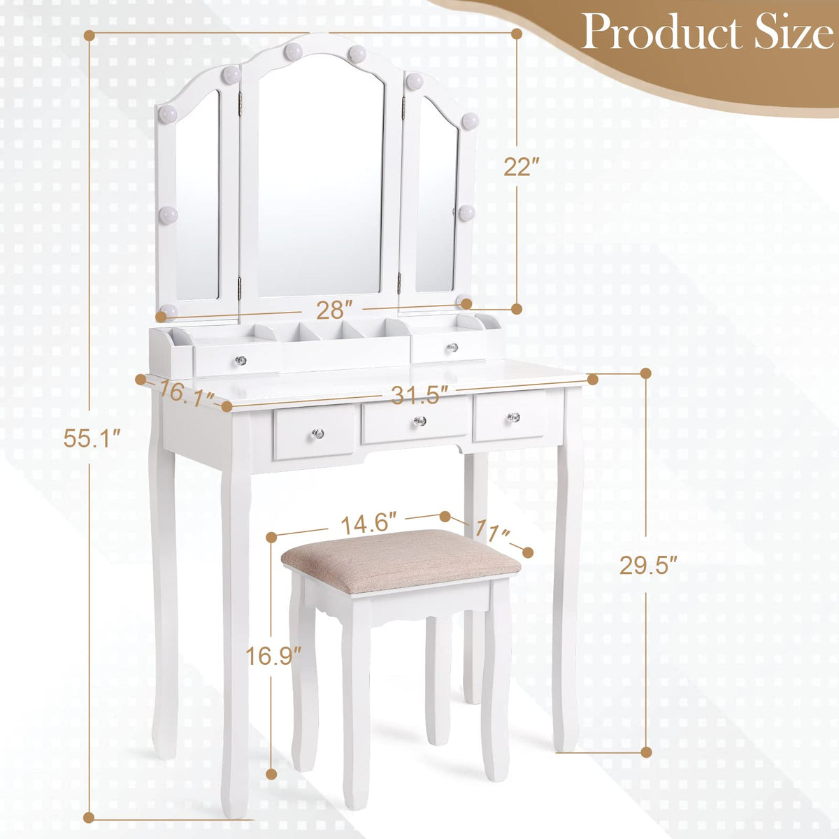 White Makeup Vanity Desk with Mirror and Chair M9788