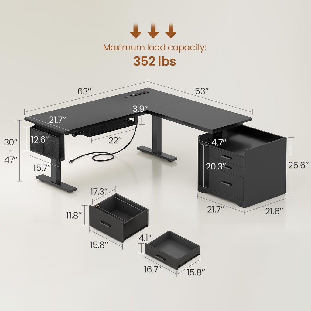 L Shaped Standing Desk with File Cabinet W376933