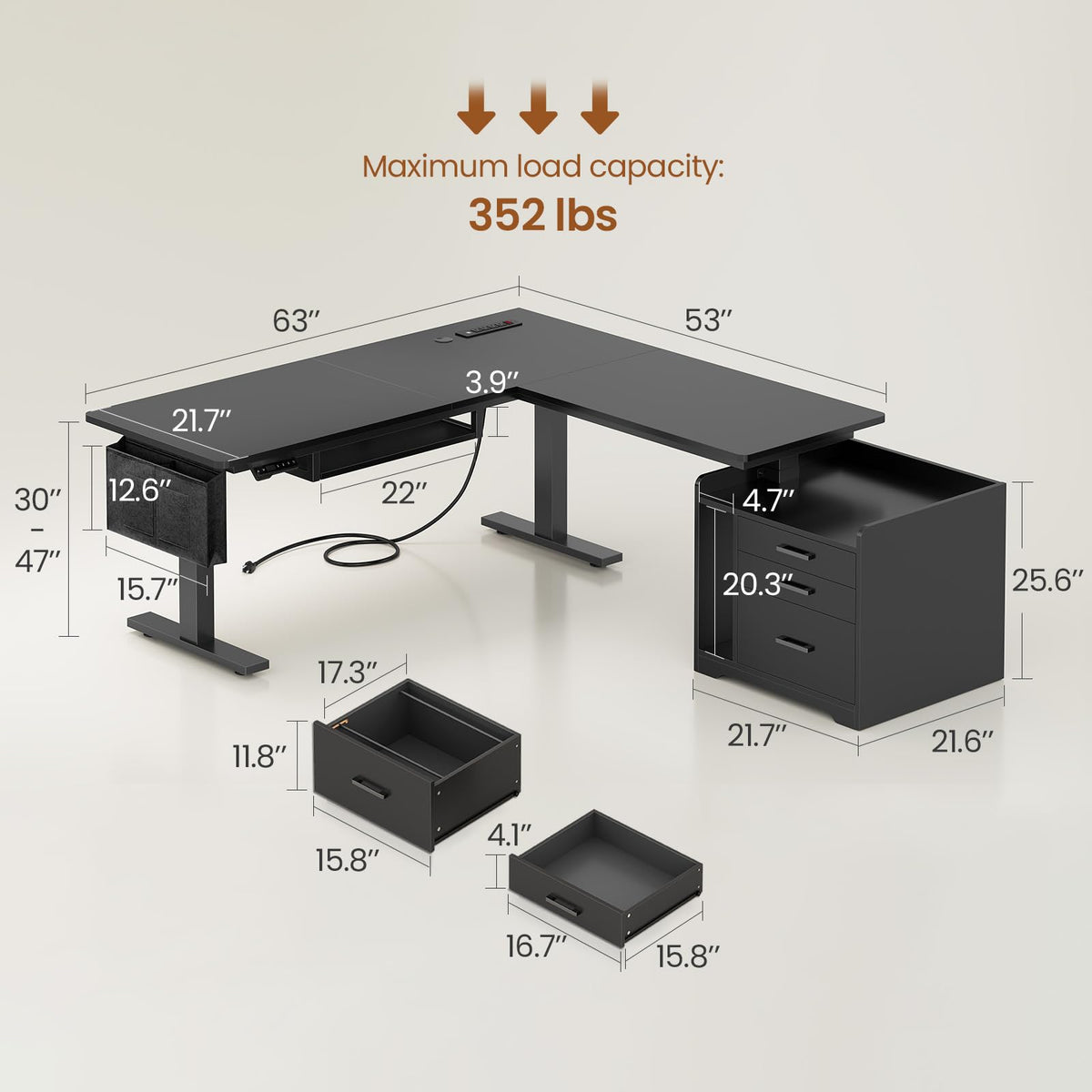 L Shaped Standing Desk with File Cabinet W376933