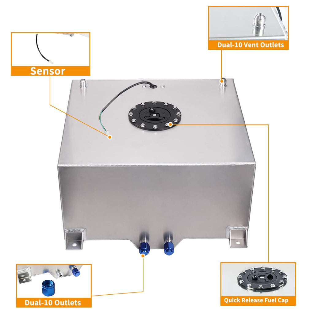5 Gallon 20L Polished Aluminum Fuel Cell Tank with Cap and Level Sender L417