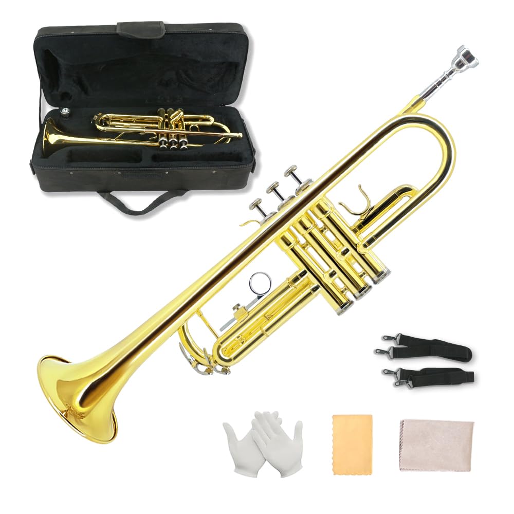 Standard Trumpet Set with Carrying Hard Case, 7C Mouthpiece, Cleaning Cloth and Gloves V525