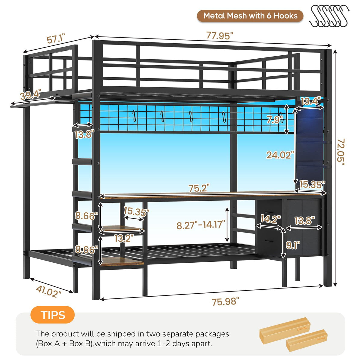Full Over Twin Bunk Bed with Desk and LED Lights Q4651