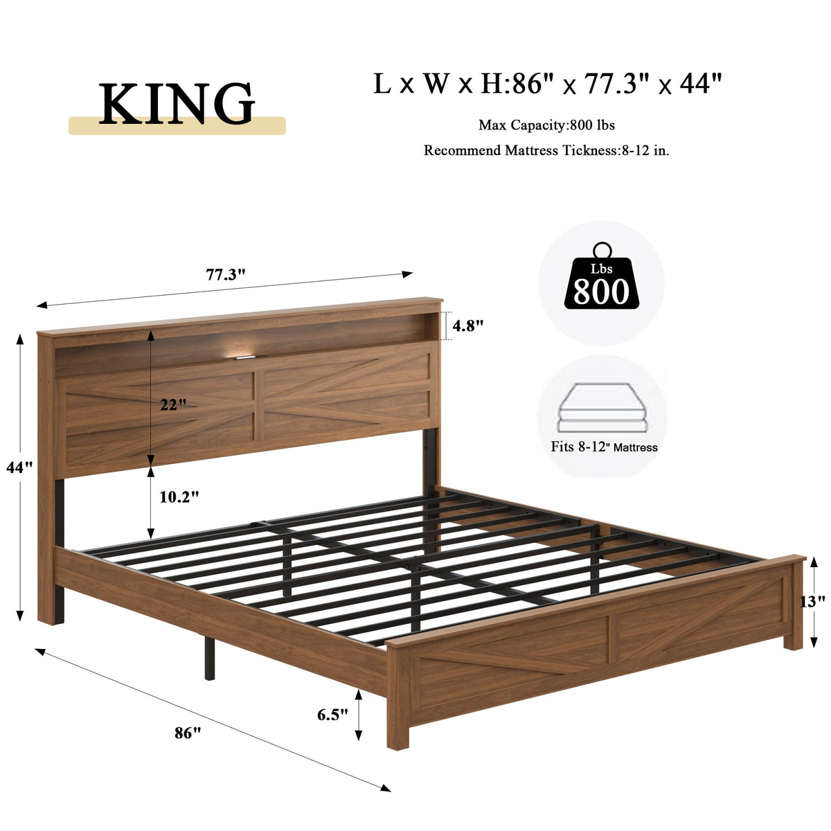 King Size Farmhouse Wooden Bed Frame with Storage Headboard D369