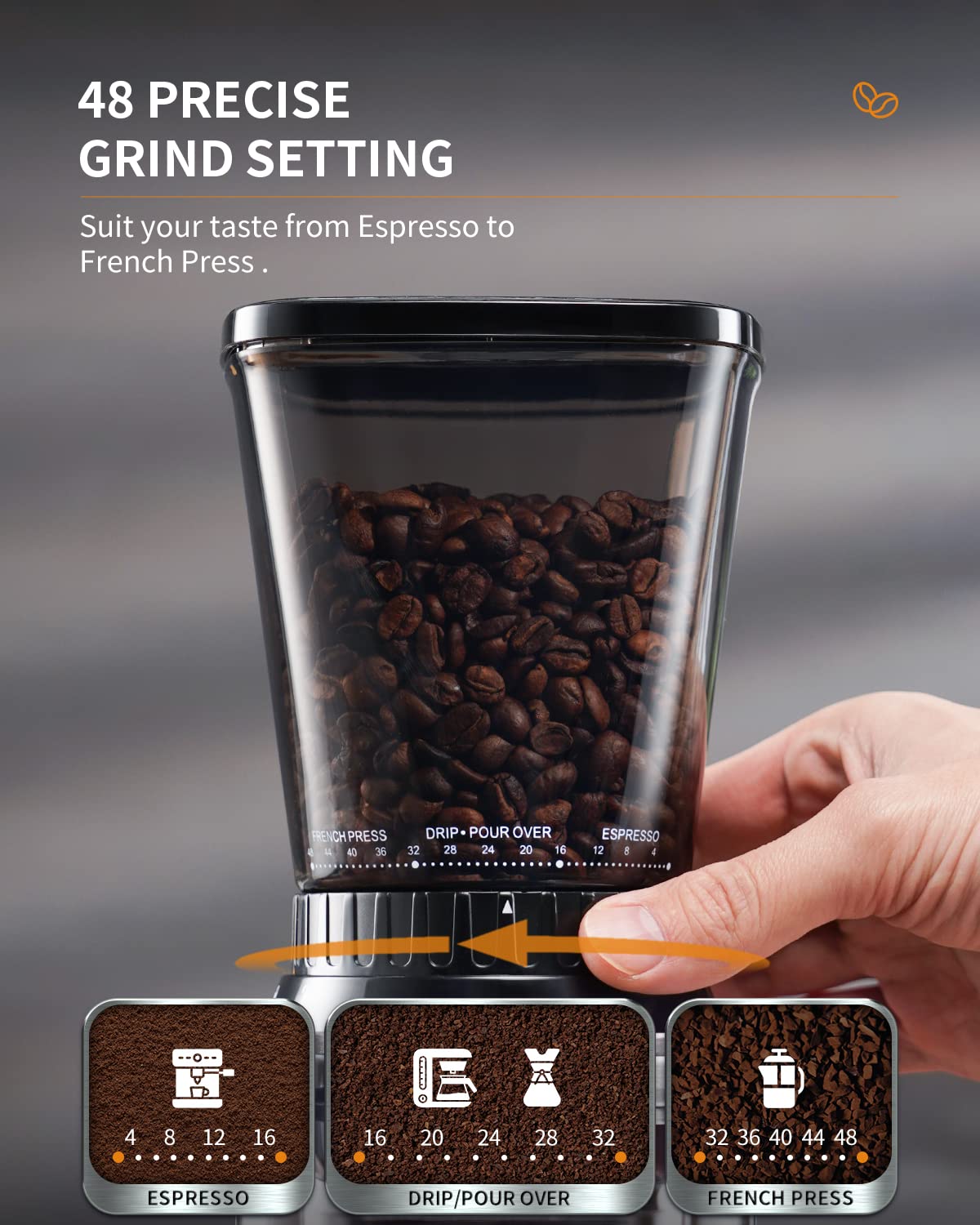 Conical Burr Coffee Bean Grinder, 48 Settings, Silver C836