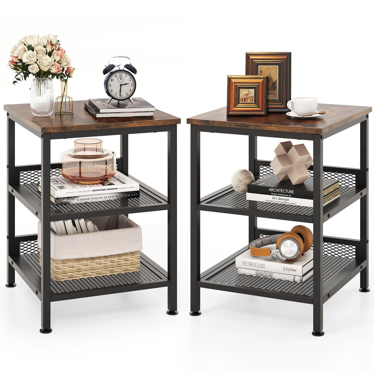3-Tier End Table Set of 2 with Mesh Storage Shelves W116
