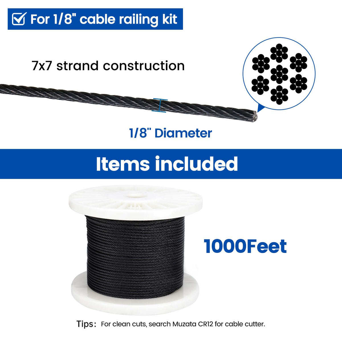 1/8" Black T316 Stainless Steel Cable Railing Wire Rope L3937