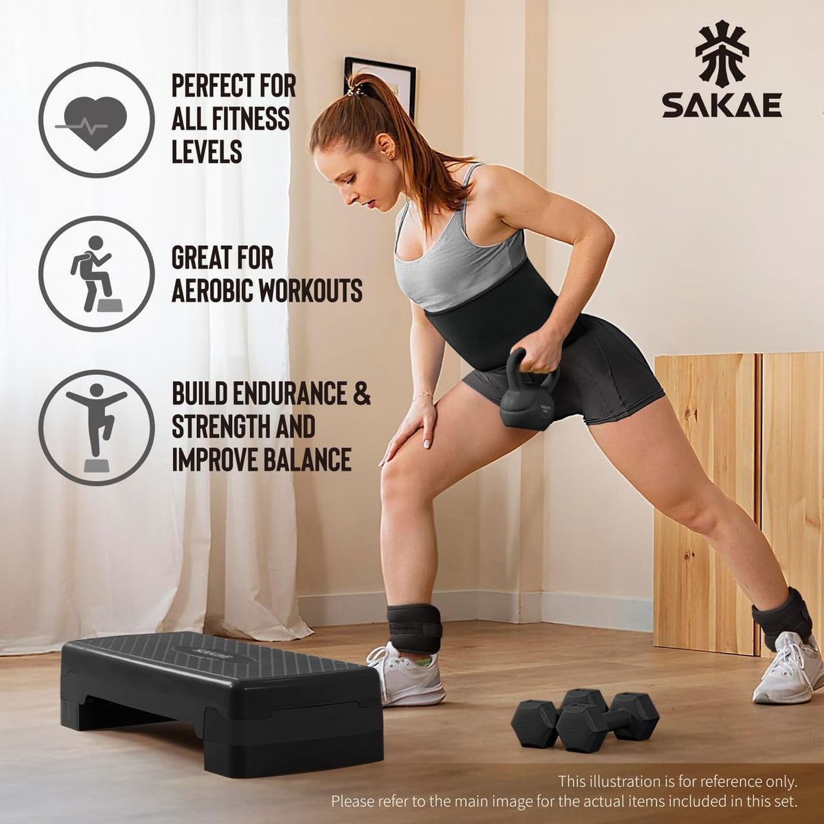 Adjustable Aerobic Stepper Kit with Dumbbells & Kettlebell & Weightlifting Belt & Measuring Tape R27061