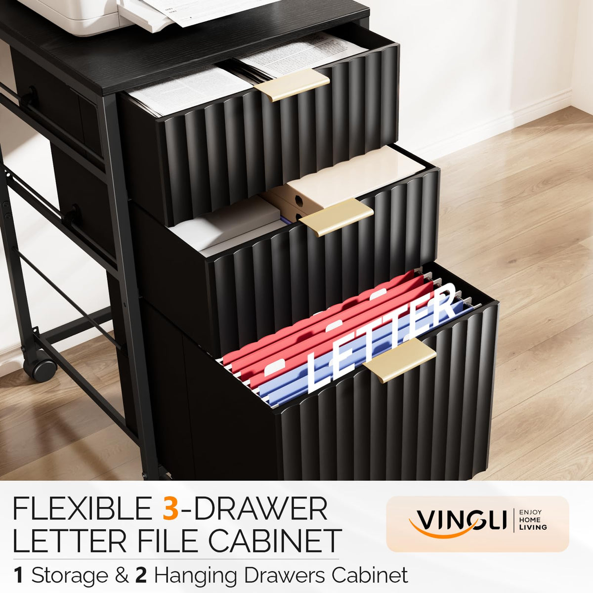 Black 3 Drawer Rolling File Cabinet with Wheels F314319