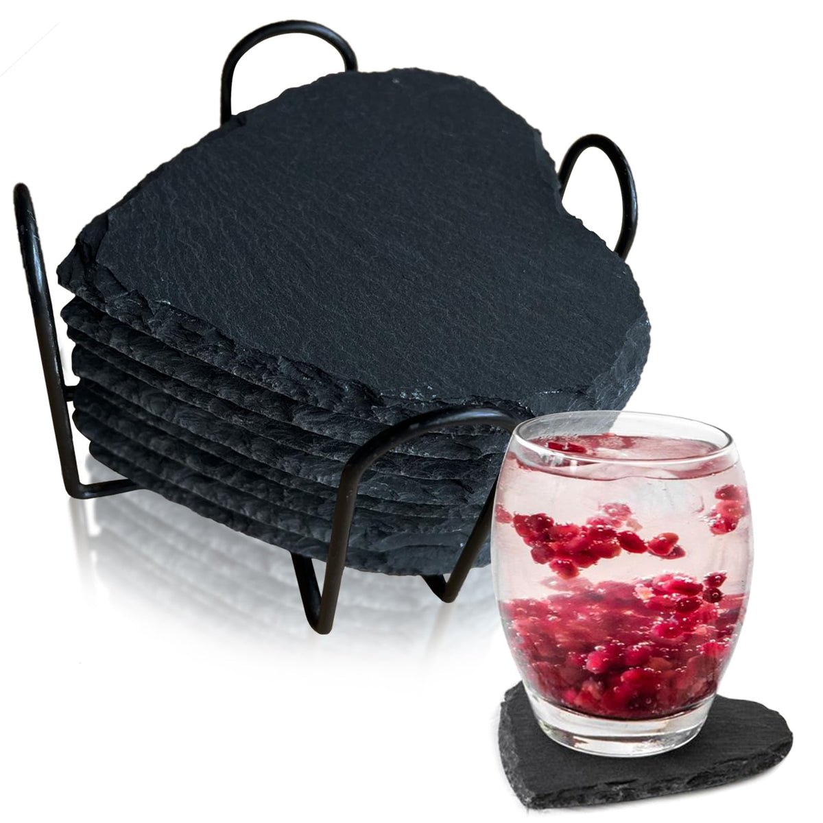 8 Pack Black Slate Coasters with Metal Holder Q876805