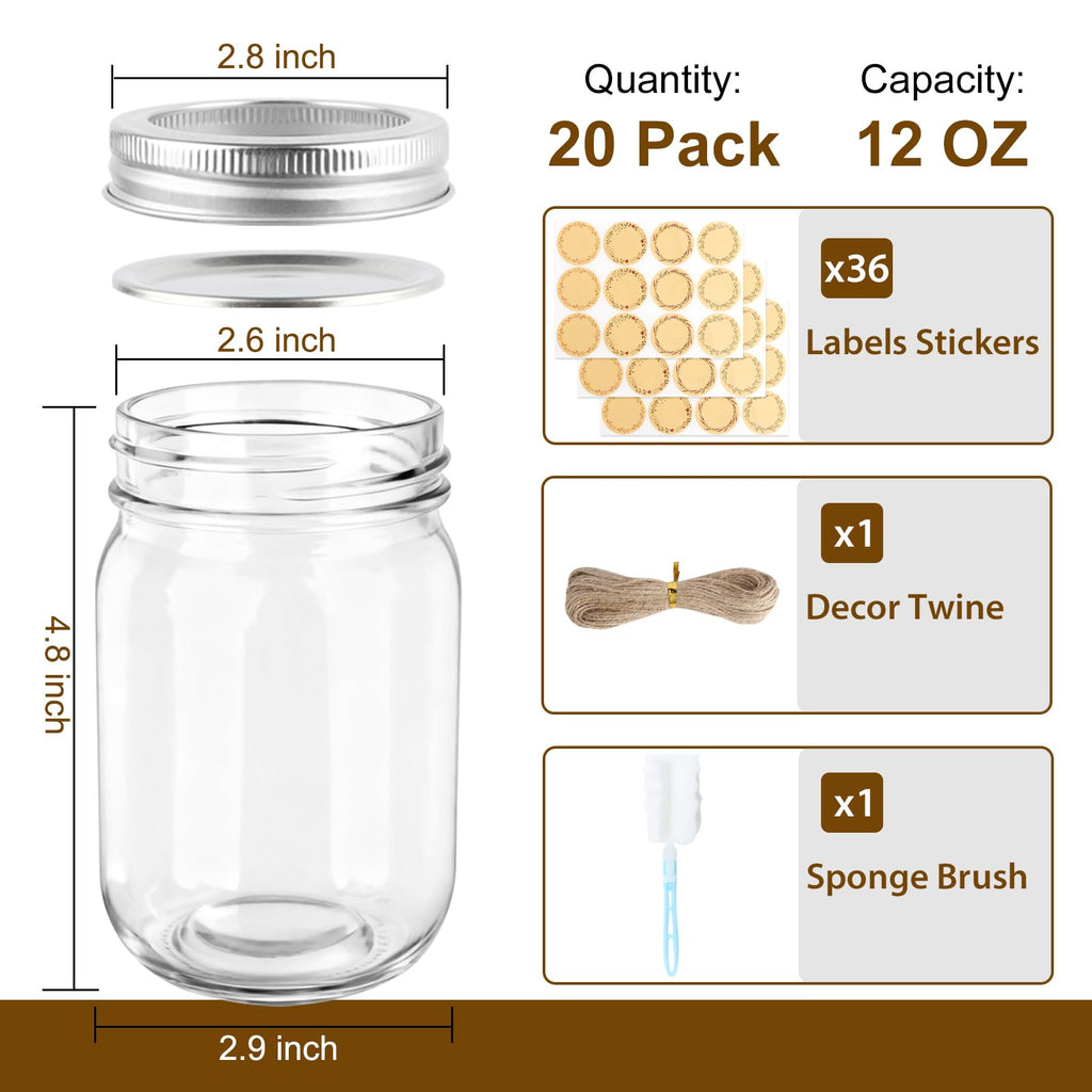 20 Pack 12 oz Mason Jars with Lids and Bands E942224