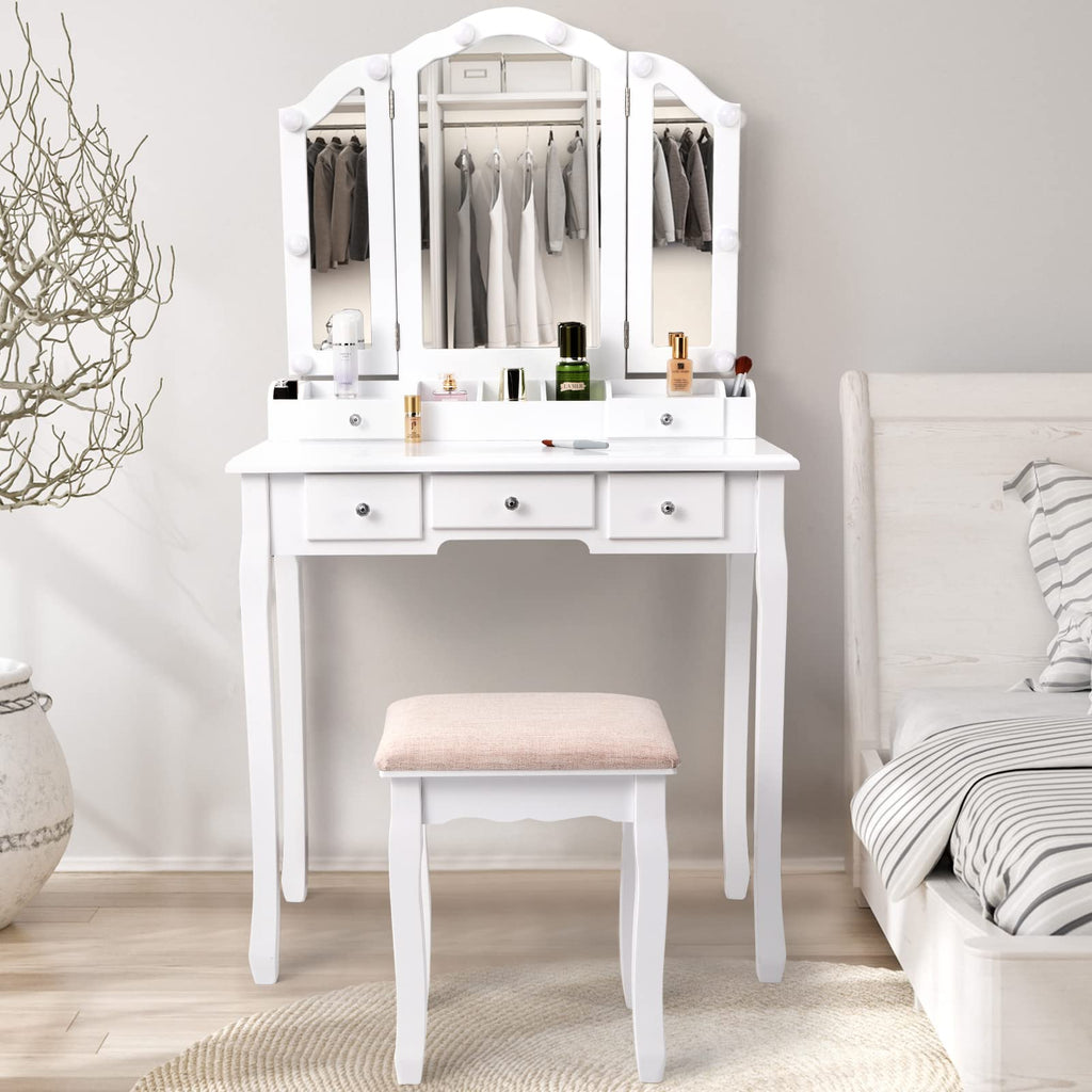White Makeup Vanity Desk with Mirror and Chair M9788