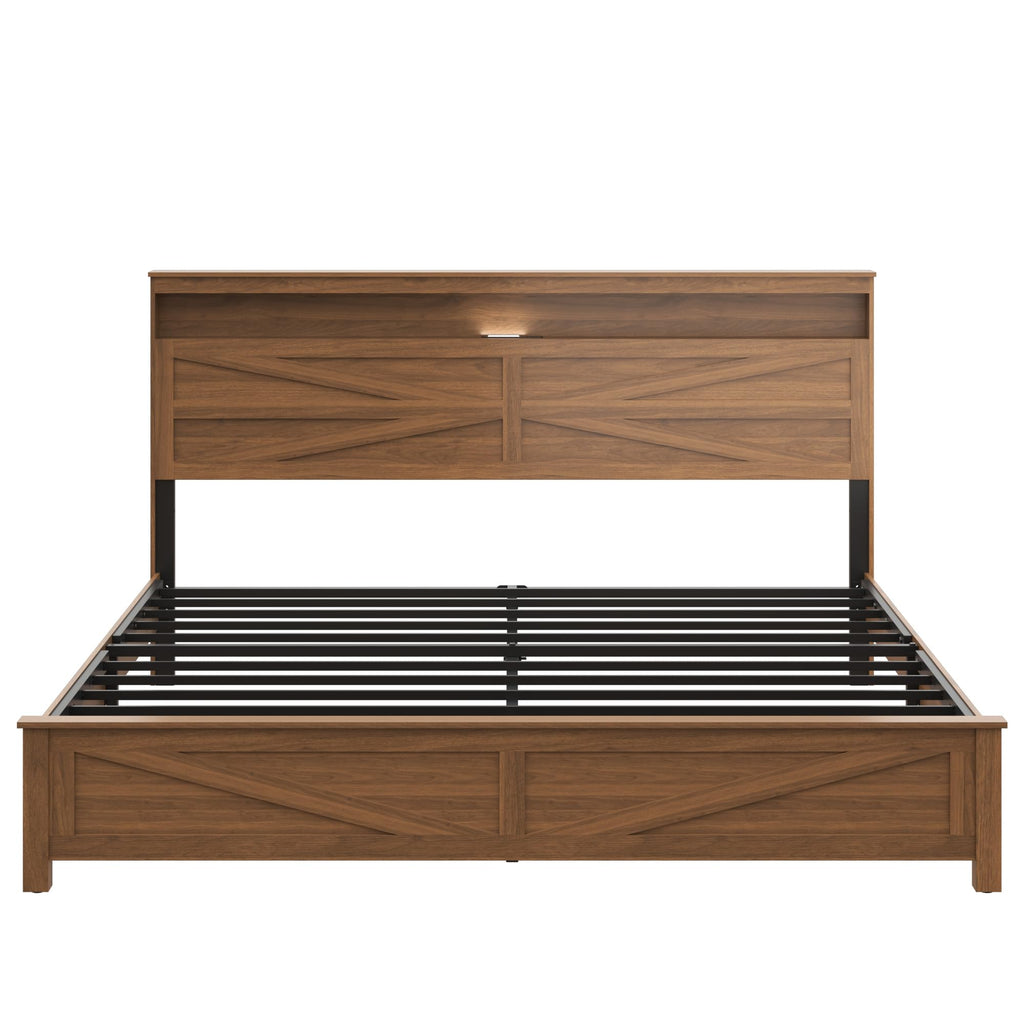 King Size Farmhouse Wooden Bed Frame with Storage Headboard D369