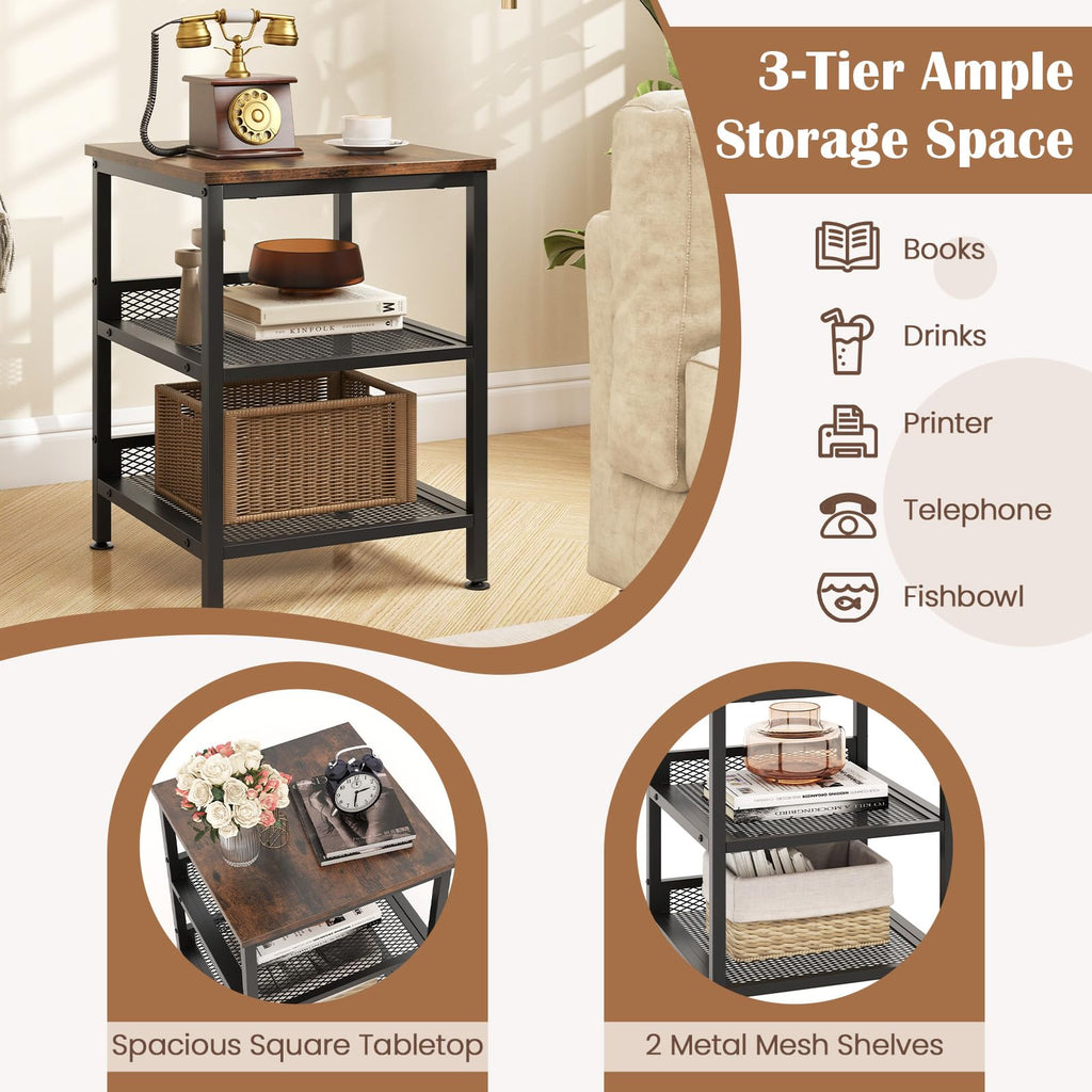 3-Tier End Table Set of 2 with Mesh Storage Shelves W116