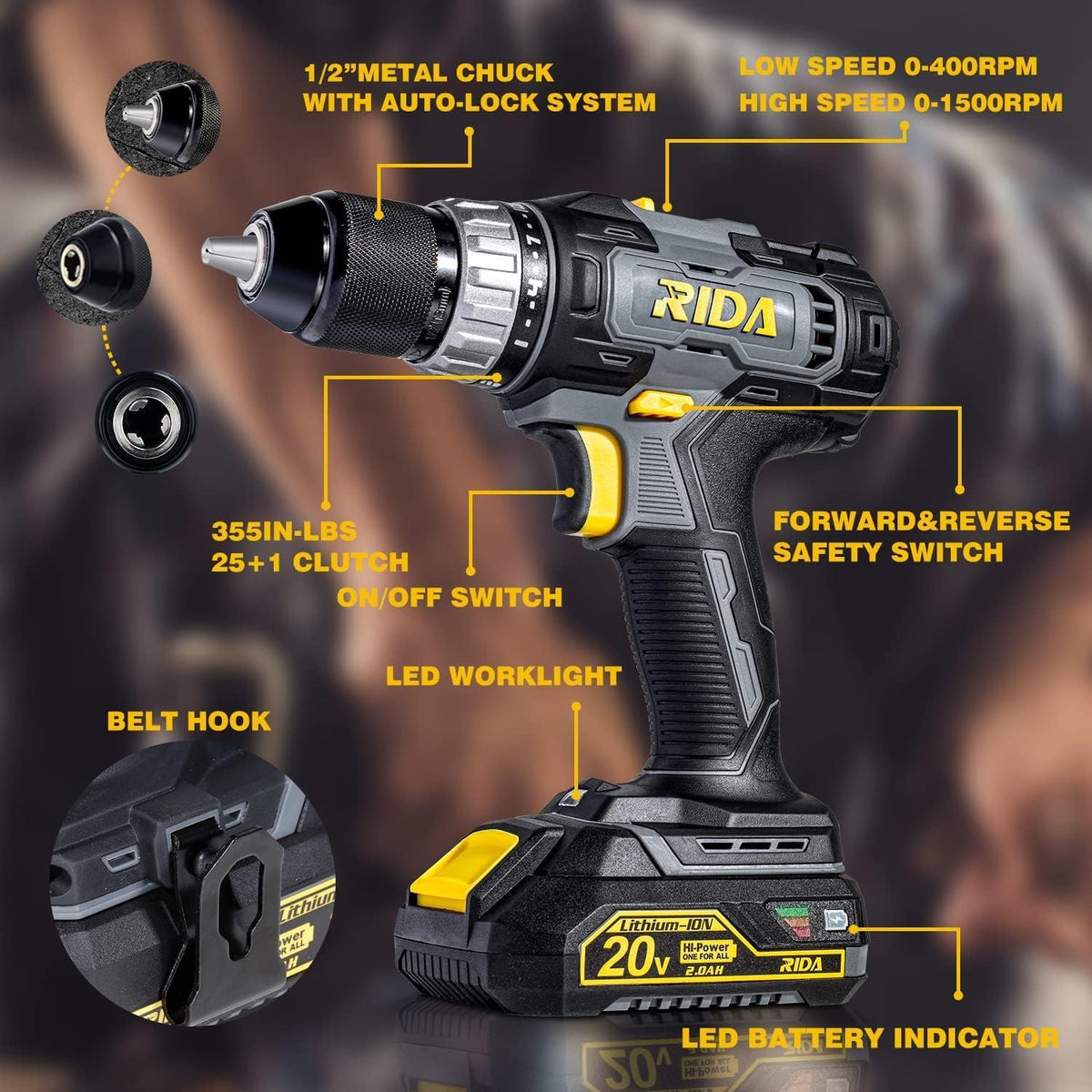 20V Cordless Drill with 2.0AH Battery & Charger V680