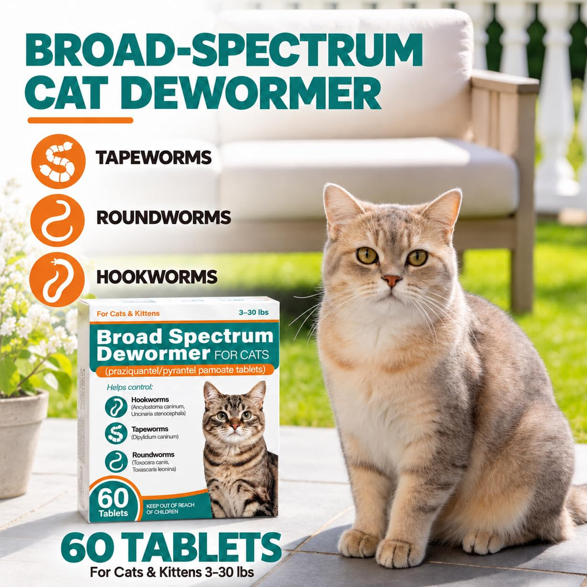 Broad Spectrum Cat Dewormer Tablets 60 Count D587443