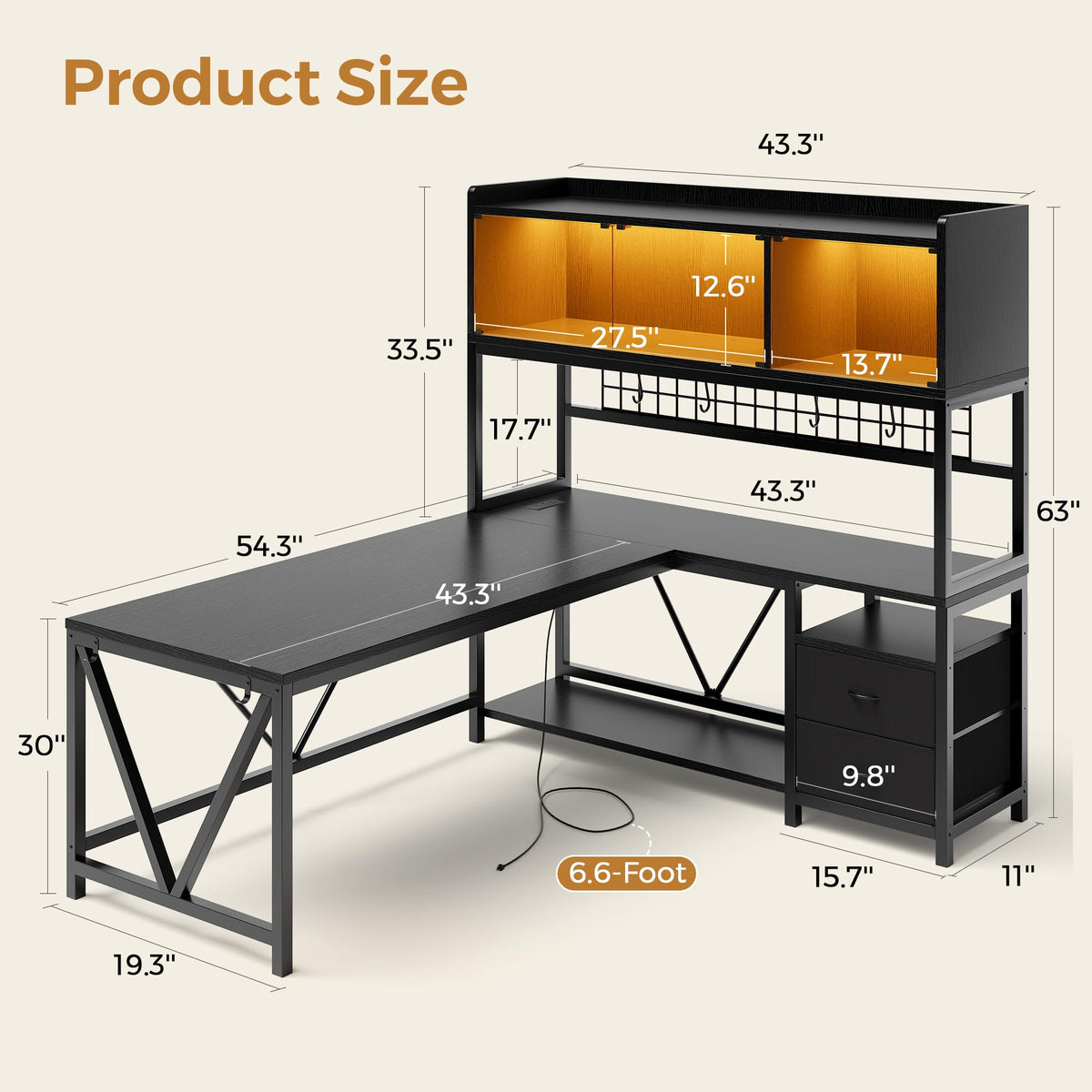 L Shaped Gaming Desk with Fabric Drawers and Power Outlet, Black N185