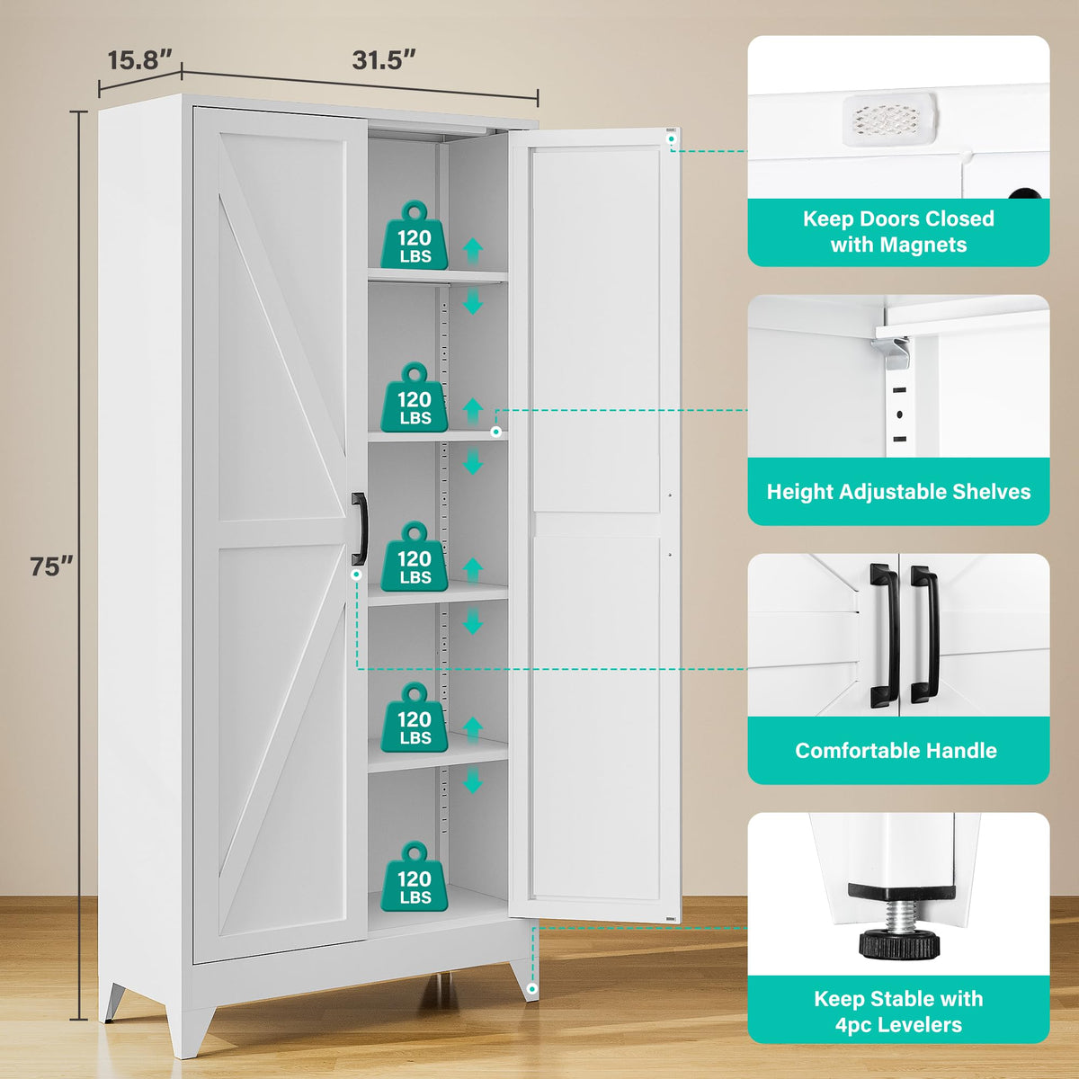 75" Tall White Metal Pantry Cabinet with 2 Doors and 5 Shelves Y499394