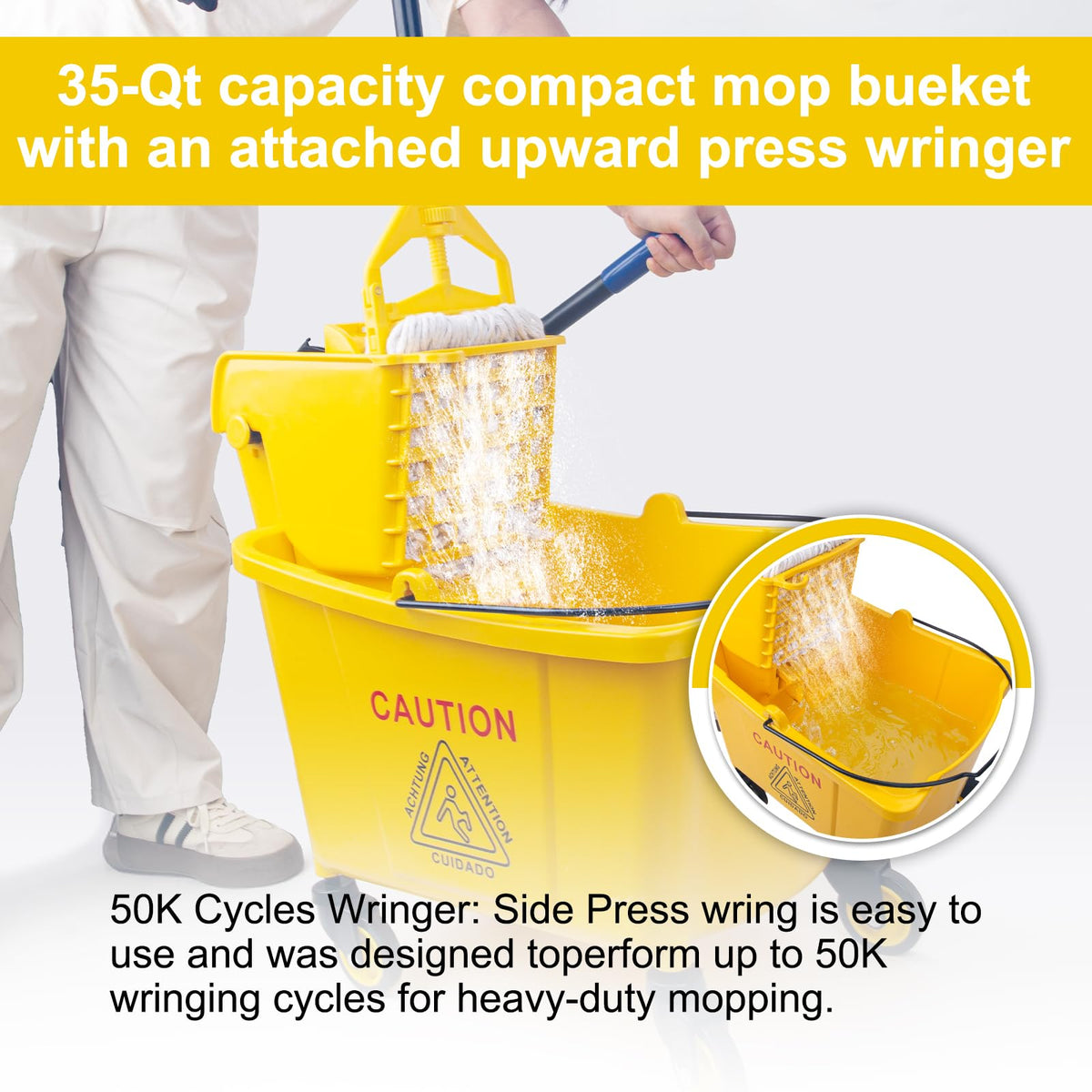 35 Qt Side Press Mop Bucket on Wheels Set, Yellow Y7782