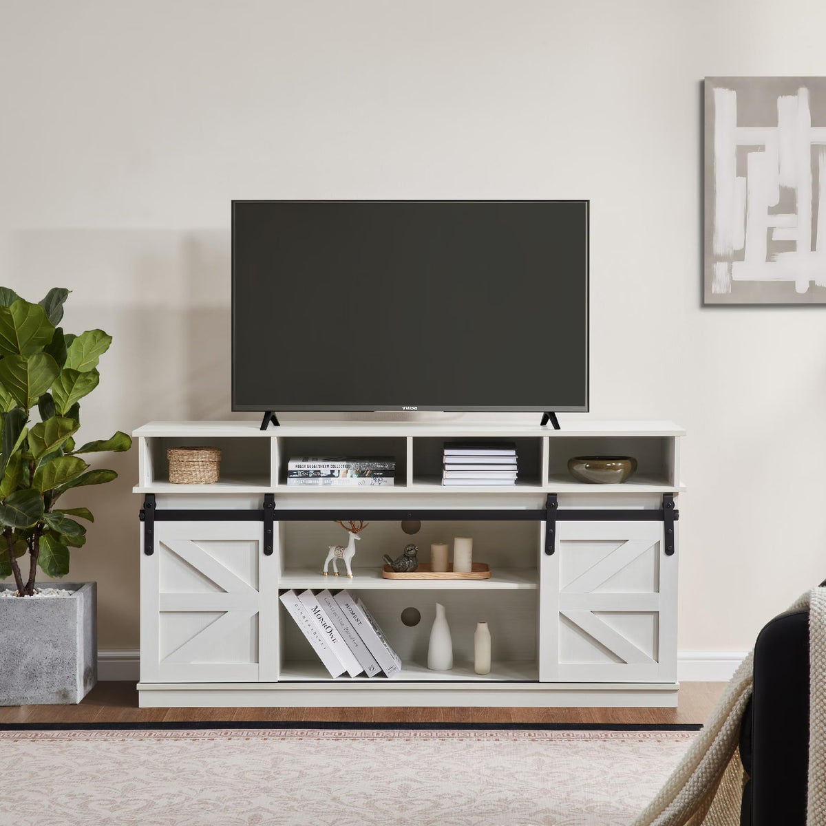 White Wood TV Stand with Adjustable Shelves V961