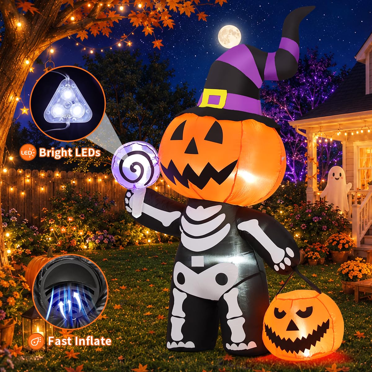 6 FT Inflatable Pumpkin Skull Outdoor Decoration with Built-in LEDs Z336