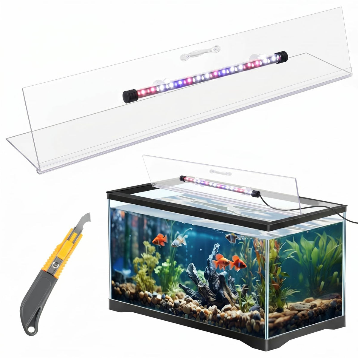 Aquarium Lids Canopy with LED Light, 3 Pcs, Clear, 20x10in G462