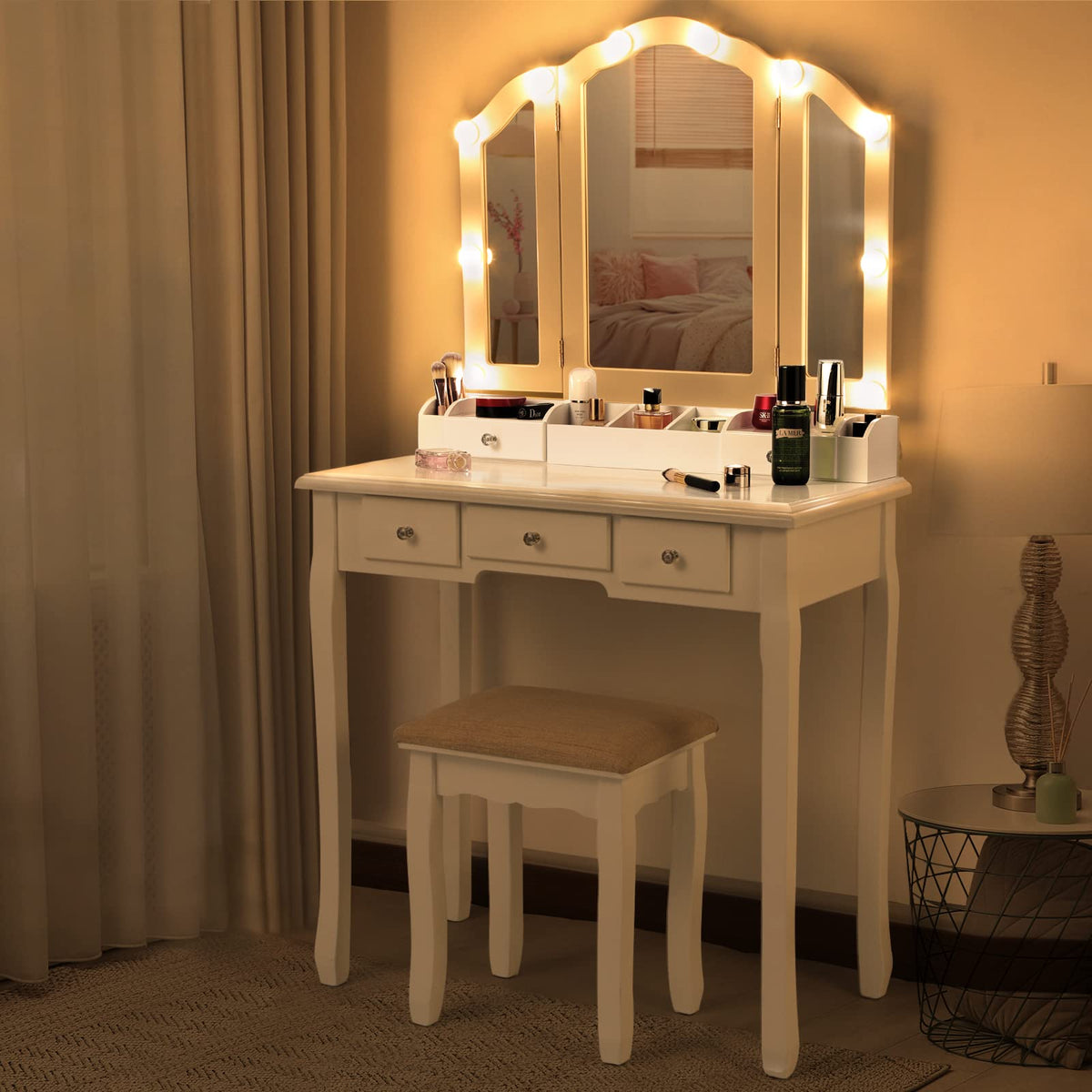 White Makeup Vanity Desk with Mirror and Chair M9788