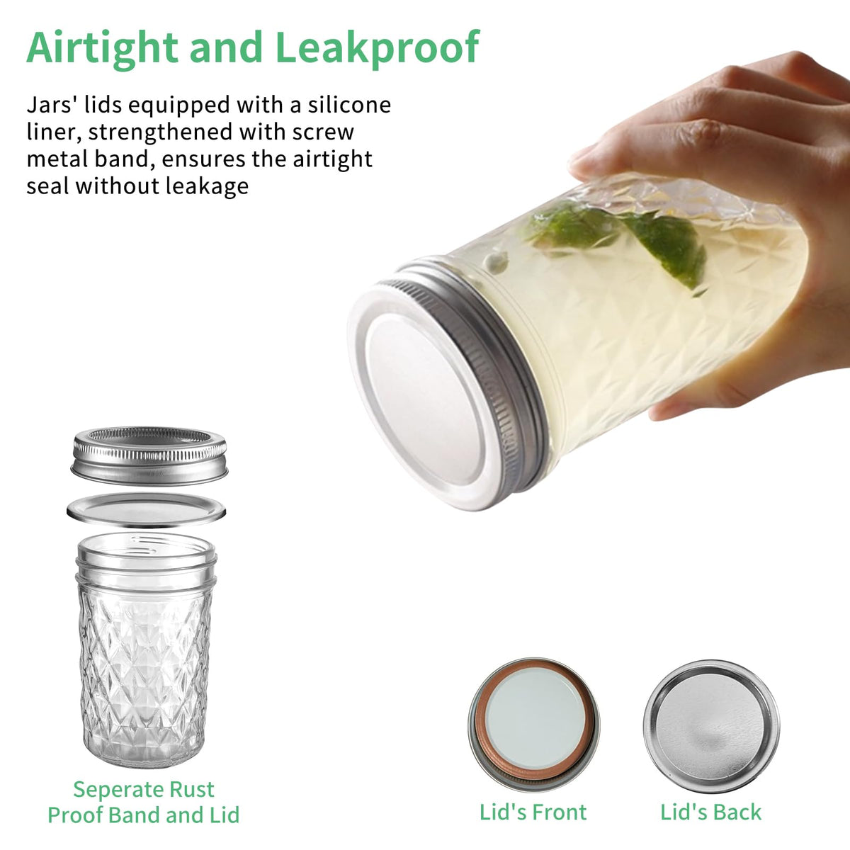 12oz Glass Mason Jars 6 Pack Airtight Lids T117