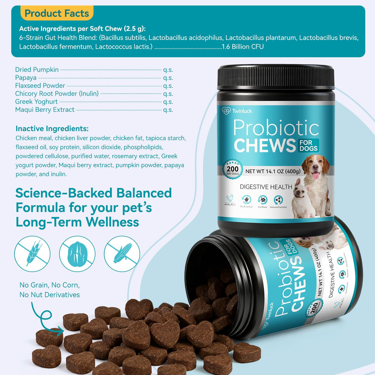 Probiotics for Dogs, 200 Soft Chews with Digestive Enzymes and Prebiotics G68222