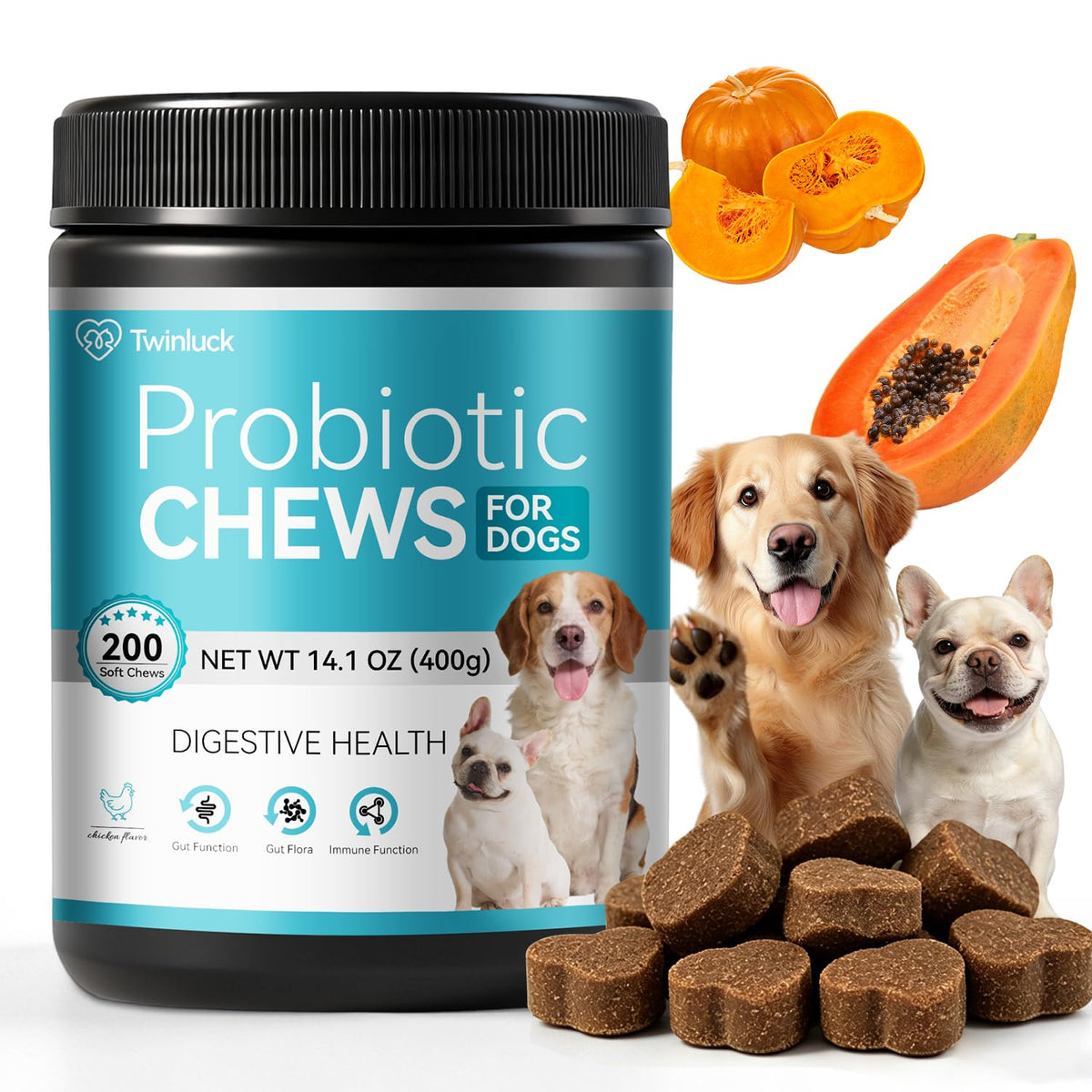Probiotics for Dogs, 200 Soft Chews with Digestive Enzymes and Prebiotics G68222