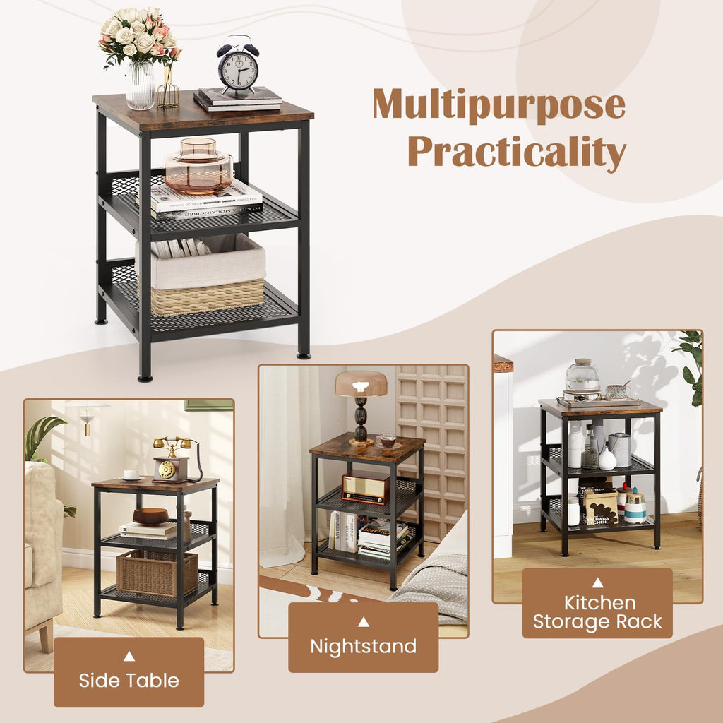 3-Tier End Table Set of 2 with Mesh Storage Shelves W116