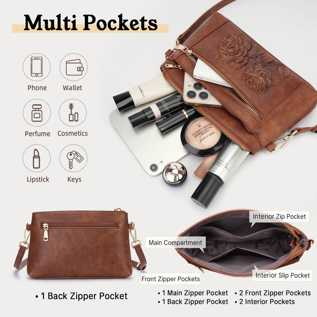 Floral Embossed Vegan Leather Crossbody Bag C6262