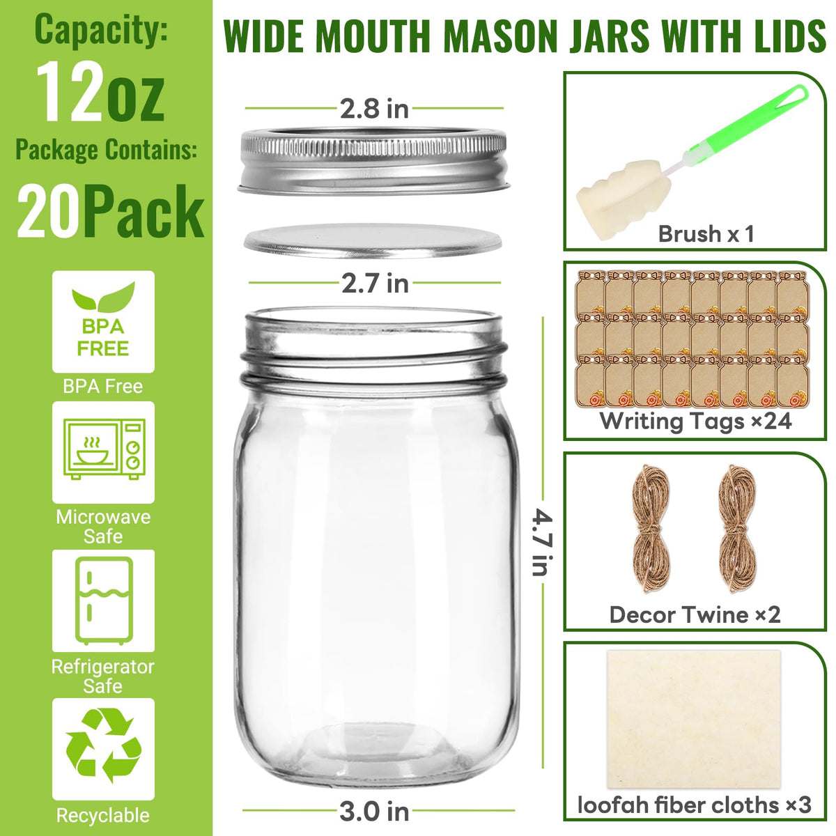 12 oz Mason Jars with Lids 20 Pack U296066
