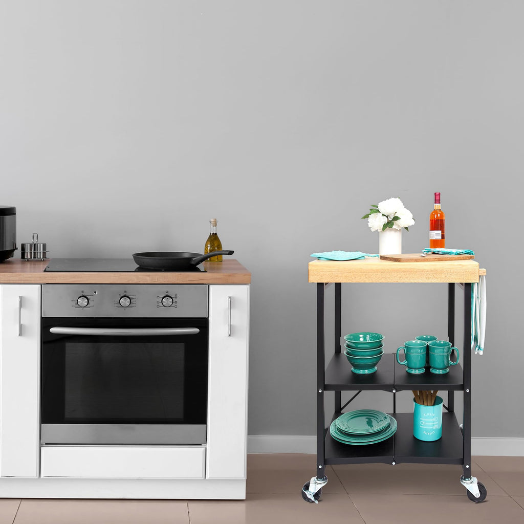 Black 3-Tier Folding Kitchen Cart with Wheels T76151