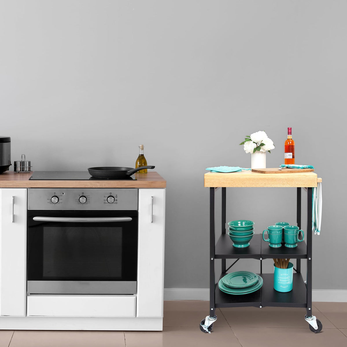 Black 3-Tier Folding Kitchen Cart with Wheels T76151