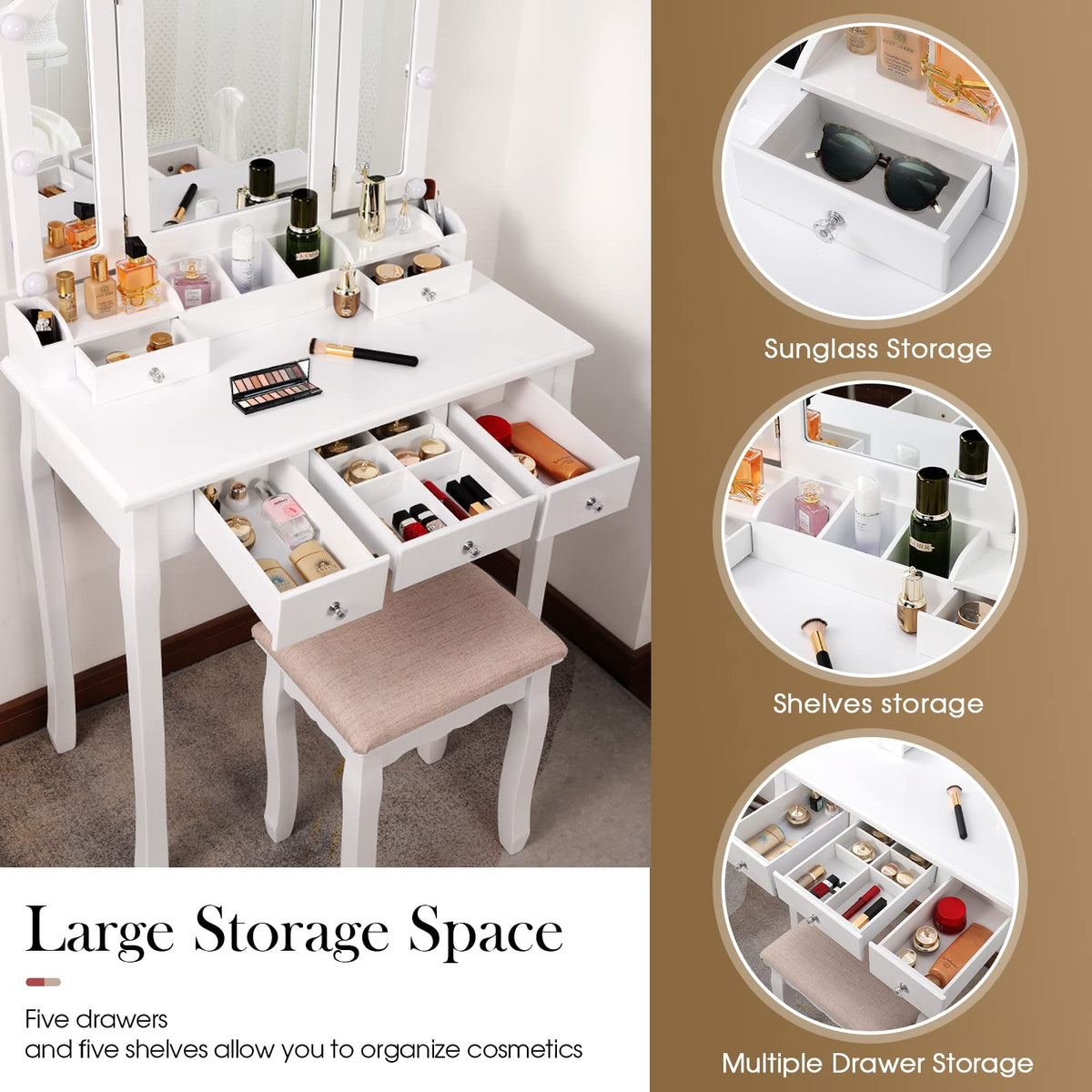 White Makeup Vanity Desk with Mirror and Chair M9788