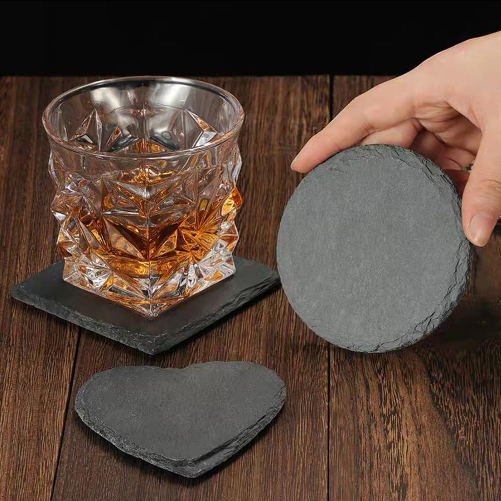 8 Pack Black Slate Coasters with Metal Holder Q876805