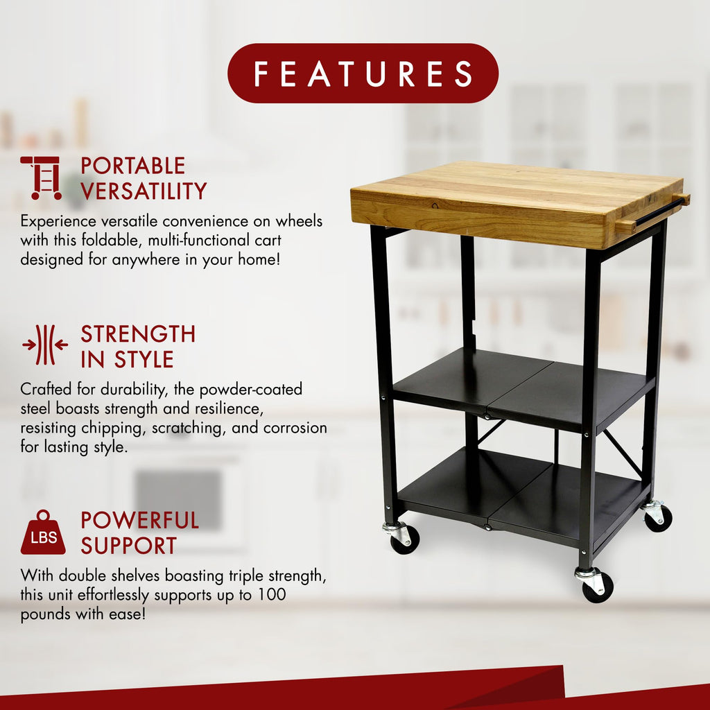 Black 3-Tier Folding Kitchen Cart with Wheels T76151