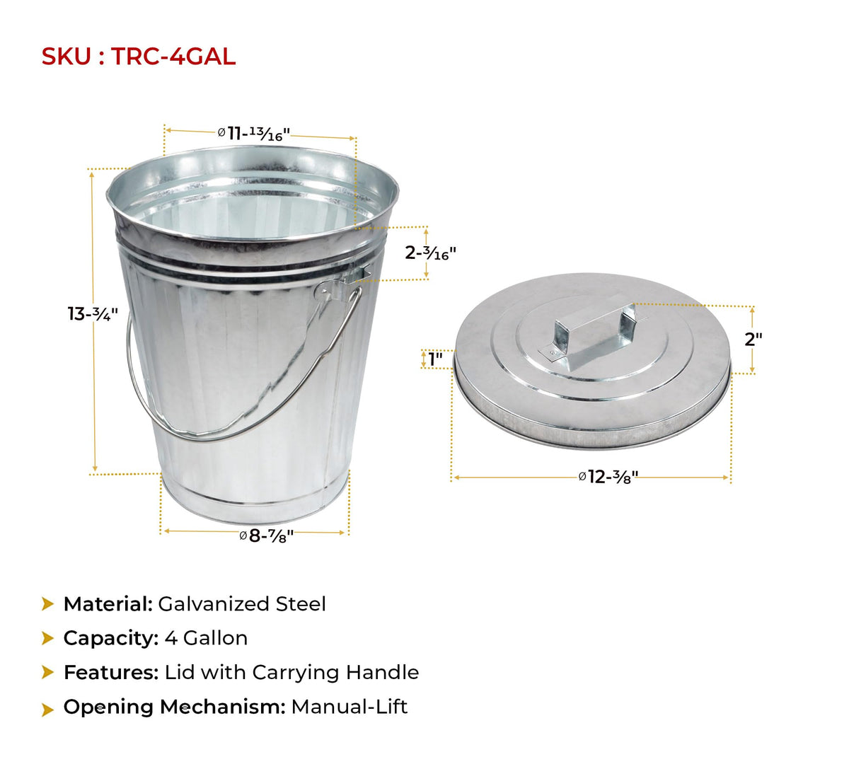 4 Gallon Galvanized Steel Trash Can with Lid C7715
