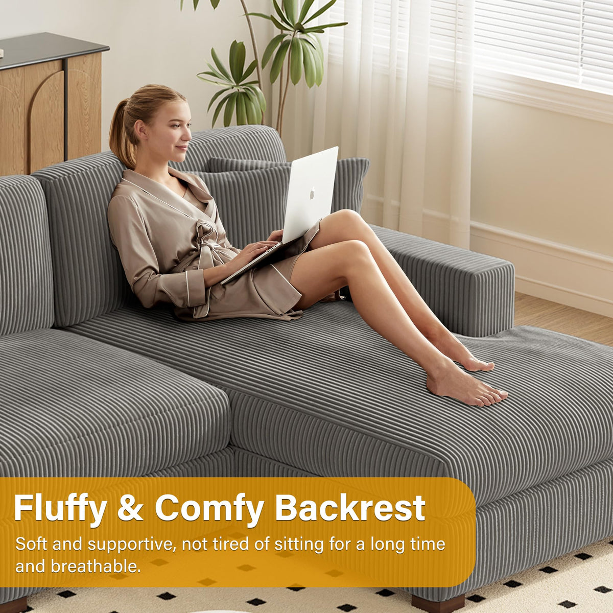 118" Light Gray Corduroy Modular Sectional Sofa with L-Shape Chaise W236941