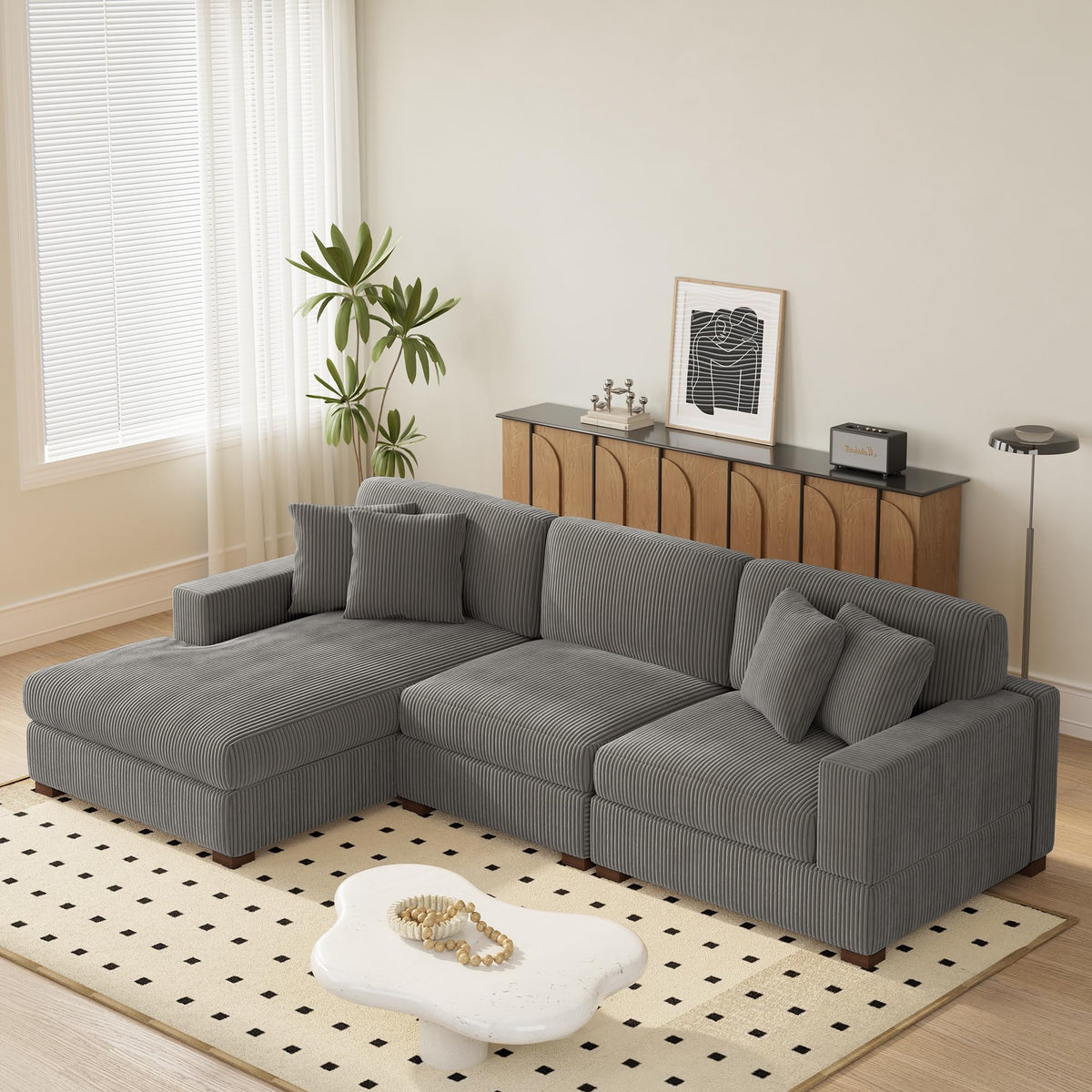 118" Light Gray Corduroy Modular Sectional Sofa with L-Shape Chaise W236941