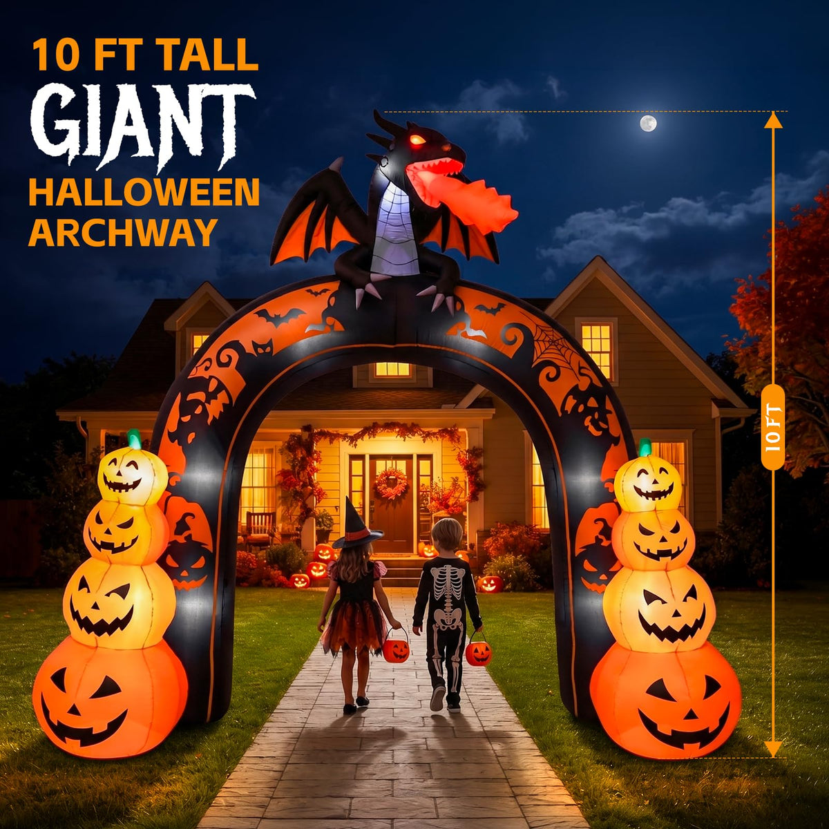 10 FT Tall Halloween Inflatables Dragon Pumpkin Archway Outdoor Decorations with Built-in LEDs Q6248