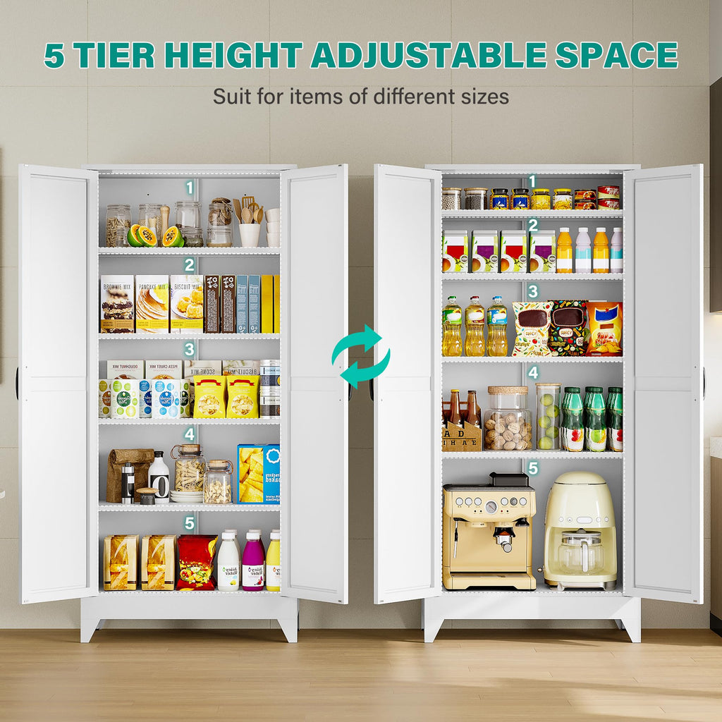 75" Tall White Metal Pantry Cabinet with 2 Doors and 5 Shelves Y499394