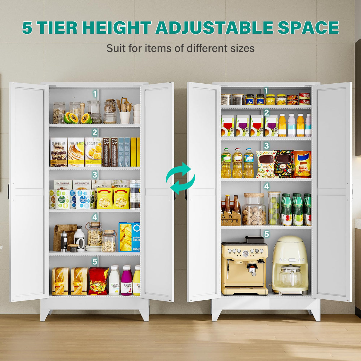 75" Tall White Metal Pantry Cabinet with 2 Doors and 5 Shelves Y499394