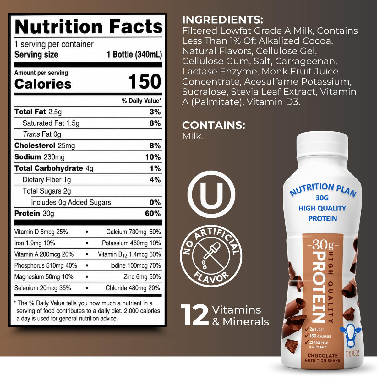High-Protein Ready to Drink Shake – 30g Milk Protein, 150 Calories, 2g Sugar – Lactose Free, Chocolate, 11.5 fl oz (12 Pack) I6298